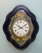 FRENCH TABLEAUX COMPTOISE OR 'VINEYARD' WALL CLOCK, ebonised shaped and glazed door enclosing yellow