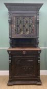 FLEMISH CARVED OAK NARROW CABINET, later leaded and glazed cupboard door between carved uprights