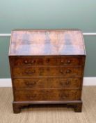 GOOD GEORGE III MAHOGANY BUREAU, crossbanded fall, fitted interior with central star-parquetry door,