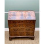 GOOD GEORGE III MAHOGANY BUREAU, crossbanded fall, fitted interior with central star-parquetry door,