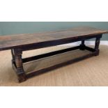 20TH CENTURY REFECTORY TABLE, on four turned corner supports with floor stretcher, salvaged wood (