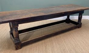 20TH CENTURY REFECTORY TABLE, on four turned corner supports with floor stretcher, salvaged wood (