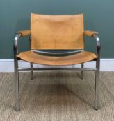 RETRO LEATHER & CHROME KLINTE LOUNGE CHAIR BY TORD BJORKLUND, circa 1980's, tanned leather back seat