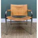 RETRO LEATHER & CHROME KLINTE LOUNGE CHAIR BY TORD BJORKLUND, circa 1980's, tanned leather back seat