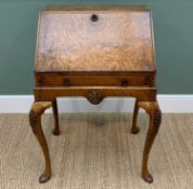 QUEEN ANNE-STYLE BURR-WALNUT & FEATHER BANDED BUREAU ON STAND, angled fall enclosing fitted interior