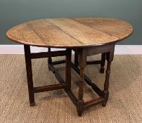 EARLY 19TH CENTURY OAK GATELEG TABLE, extending to oval, 106cms wide