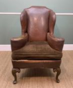 19TH CENTURY WINGBACK ARMCHAIR, of shapely form on carved cabriole front supports