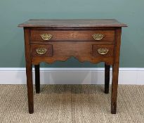LATE 18TH CENTURY OAK LOWBOY, boarded top above three drawers, shaped apron, square section legs,