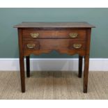 LATE 18TH CENTURY OAK LOWBOY, boarded top above three drawers, shaped apron, square section legs,