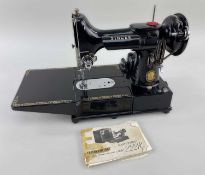SINGER 222K FEATHERWEIGHT CONVERTIBLE PORTABLE SEWING MACHINE circa 1953, complete with case, manual