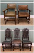 FIVE VARIOUS CHAIRS including pair of oak high-back hall chairs and another similar carved in the