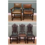 FIVE VARIOUS CHAIRS including pair of oak high-back hall chairs and another similar carved in the