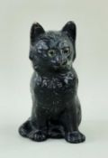 BRETBY POTTERY SEATED KITTEN, painted black with glass inset eyes, 18cms high