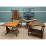 FURNITURE GROUP including Victorian walnut base from what-not, occasional table, oak chair etc