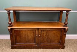 VICTORIAN WALNUT TWO-TIER BUFFET, a moulded top on turned baluster columns above cupboard base on