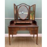 EDWARDIAN MAHOGANY DRESSING TABLE, with stage back and five drawers, casters, 92h x 114w x 54cms;