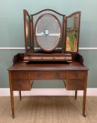 EDWARDIAN MAHOGANY DRESSING TABLE, with stage back and five drawers, casters, 92h x 114w x 54cms;