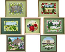 COLLECTION OF SEVEN MODERN WOOLWORK SCENES including flowers, farmscapes, woodland ETC, the