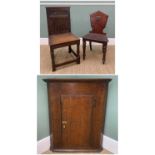 ANTIQUE OAK HANGING CORNER CUPBOARD with star inlaid door, 87cms high, together with Victorian