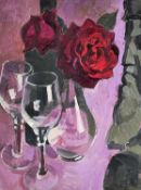 BRYN RICHARDS (b.1922) oil on board - still-life of roses and glasses, unsigned, 30 x 21.5cms