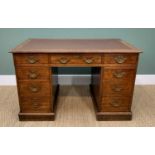 ANTIQUE KNEEHOLE WRITING DESK having a bank of nine drawers, bearing ornate brass handles and with