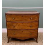 REGENCY MAHOGANY BOW-FRONT CHEST, fitted three long drawers with pressed brass handles, 90h x 51.