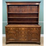 EARLY 19TH CENTURY NORTH WALES OAK DRESSER, boarded rack with angled cornice above base fitted