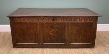 EARLY 18TH CENTURY OAK COFFER, two plank moulded hinged top above arcaded frieze and triple panelled