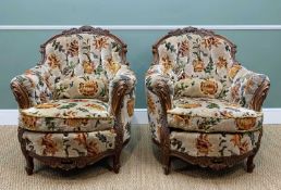 ANTIQUE PAIR CONTINENTAL ARMCHAIRS, early 20th Century padded cushions, floral upholstery, carved