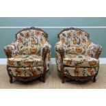 ANTIQUE PAIR CONTINENTAL ARMCHAIRS, early 20th Century padded cushions, floral upholstery, carved