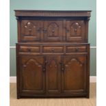 18TH CENTURY WELSH OAK DEUDDARN, Snowdonia, arcaded cornice, above three fielded panel doors with