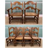 SET OF TEN YORKSHIRE LADDERBACK DINING CHAIRS, with wide solid boarded seats, carved ladder backs