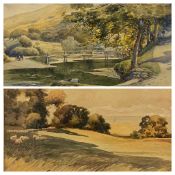 H HUGHES RICHARDSON watercolours (2) - rural scenes, riverside with cart beside a wooden bridge,
