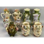 VICTORIAN MILK GLASS, MAJOLICA TYPE and other pottery vases and jugs