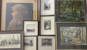 PAINTINGS & PRINTS ASSORTMENT - to include C H OWENS watercolour - a woodland and riverside