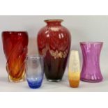 SHUDEHIL & OTHER COLOURFUL GLASS VASES (5), 32cms H the tallest bearing 'Shudehil' label