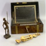 VICTORIAN BRASS BOUND ROSEWOOD WRITING SLOPE, modern carved Welsh type lovespoon and a Spanish
