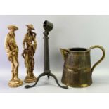 COOPERED OAK & BRASS JUG, brass telescope stand and a pair of modern composition Japanese figures,