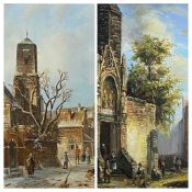 UNSIGNED oils on board, a pair - urban lane scenes with figures near buildings, in fancy gilt