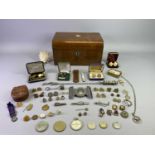 VICTORIAN WALNUT LIDDED BOX - containing silver, gold tone and other gentleman's cufflinks and