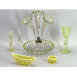 VICTORIAN GLASSWARE, 5 ITEMS - to include a figural uranium glass vase, 21.5cms H, three flute