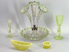 VICTORIAN GLASSWARE, 5 ITEMS - to include a figural uranium glass vase, 21.5cms H, three flute