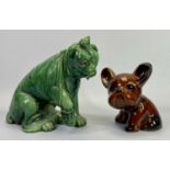 BRETBY & DENBY POTTERY DOG FIGURINES - the Bretby example in a green majolica type glaze modelled