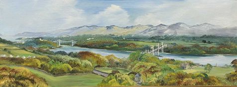 JILL MICKLE oils on board (2) - of Menai Straits with both bridges and Snowdonia, one signed and