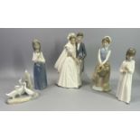 NAO PORCELAIN FIGURINES (5) - to include a Bride and Groom group, 27cms H