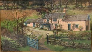 KENNETH PROCTOR oil on board - a farmstead entitled 'The Green Gate', signed, 34 x 58cms