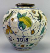 ITALIAN MAJOLICA 17TH CENTURY STYLE POTTERY VASE - globular form decorated with fruit and birds, the