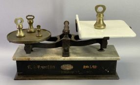 W & T AVERY VINTAGE SHOP SCALES with a quantity of brass bell weights, ceramic and other thimble
