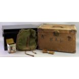 LARGE METAL DEED BOX, locking with key and a canvas type trunk initialled 'M A L', ETC, 31cms H,