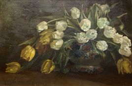 INITIALLED C M C oil on canvas, Early 20th Century - Still Life, white tulips in a floral